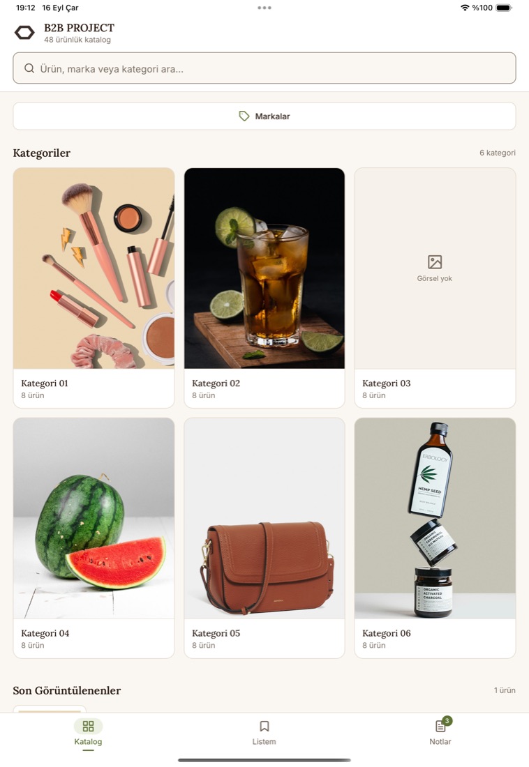 Saha katalog uygulamasının kategori ekranı